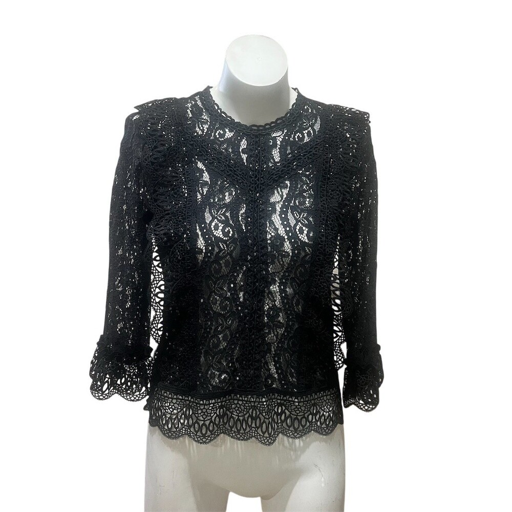 Melogran RicoRico Blouse Womens Size S Black Floral Lace Sheer Long Sleeve Top